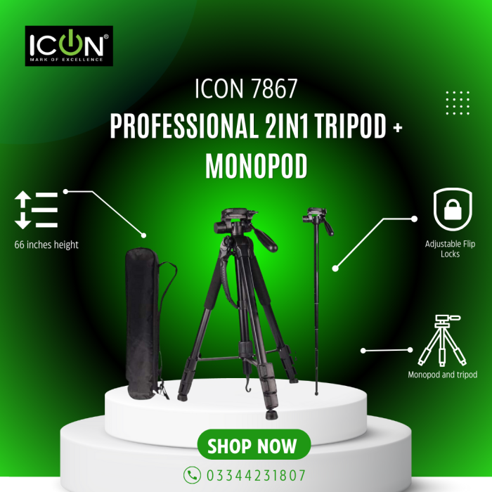 ICON 7867 Two In One (MonoPod+Tripod) Tripod 7867 Professional Edition For Video